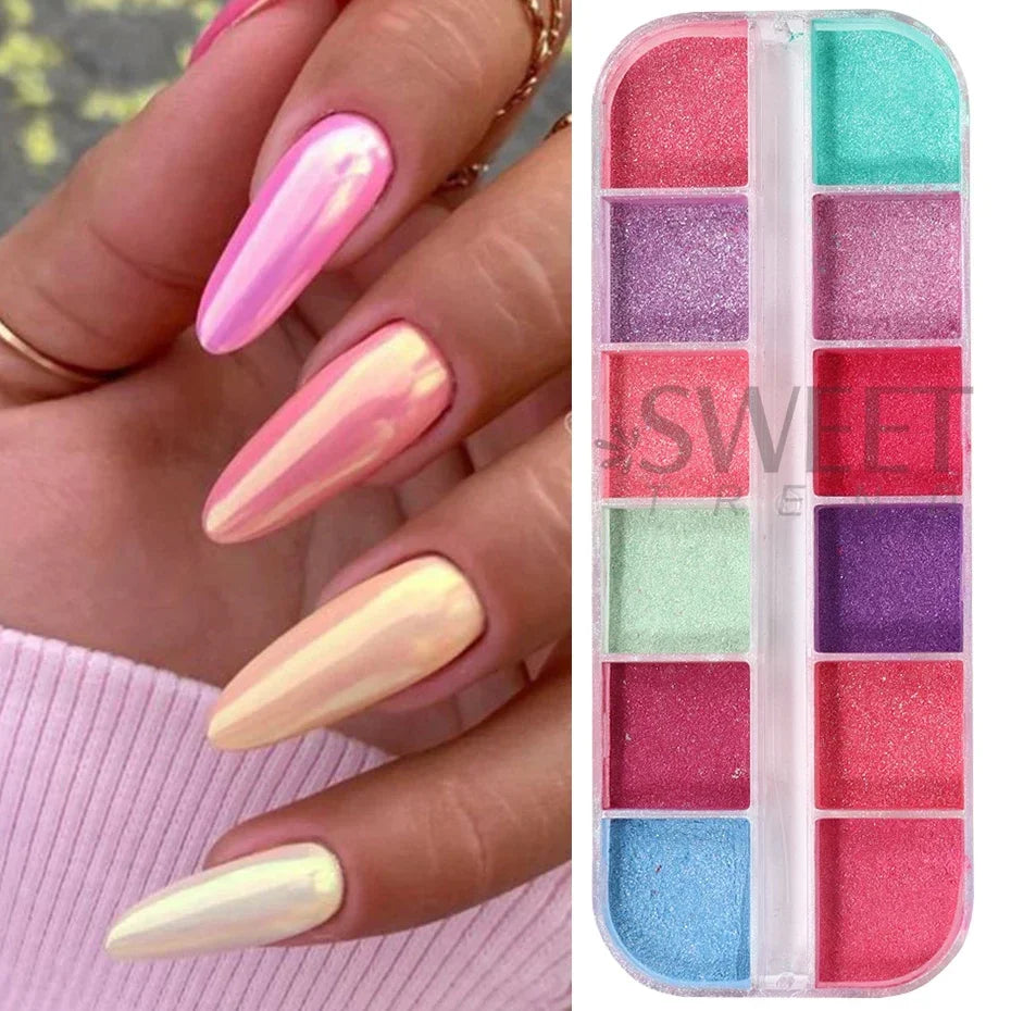 12-Grid Chrome Mirror Nail Powder - Mermaid Pearl Shimmer Pigment Set