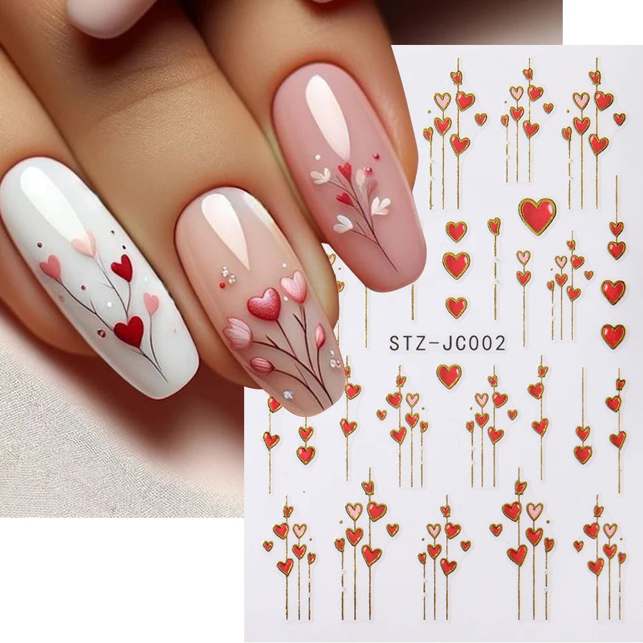 Valentine's Day Heart Nail Stickers - 3D Gold Stripe Love Decals (2pcs)