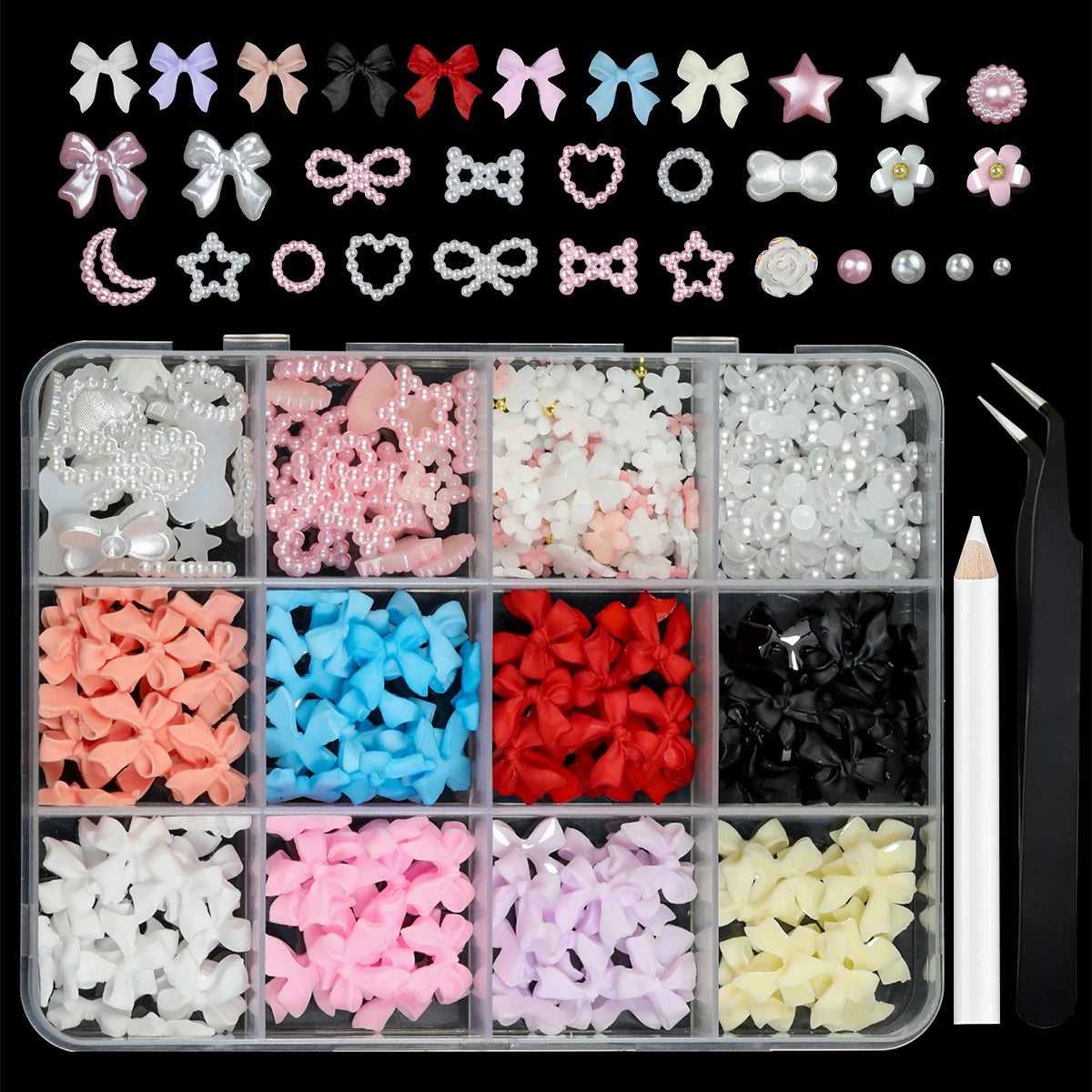 Resin Bow Nail Art Decorations - 12-Grid Mixed 3D Acrylic Charms Set