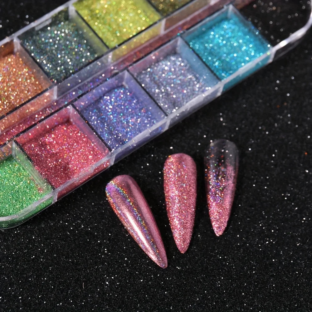 Holographic Chrome Nail Powder Set - Holo Silver, Black & Pink Laser Pigments