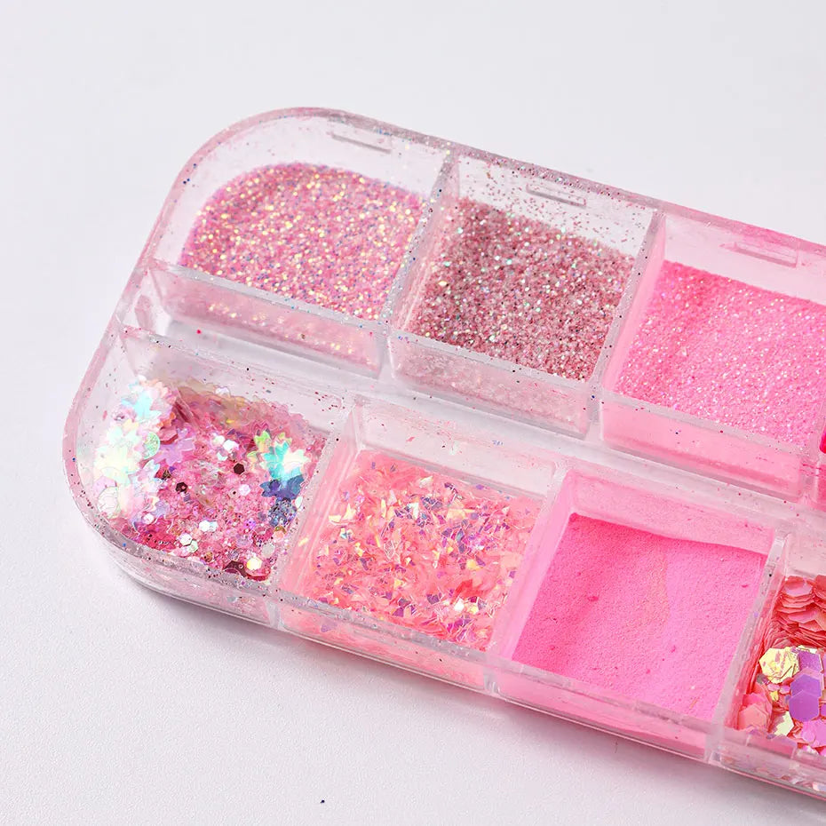 Pink Glitter Nail Powder Set - 12-Grid Holographic Hexagon & Irregular Flakes