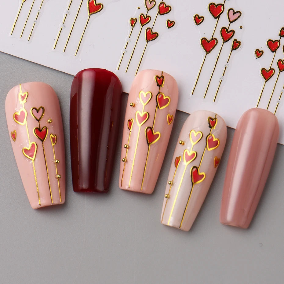 Valentine's Day Heart Nail Stickers - 3D Gold Stripe Love Decals (2pcs)