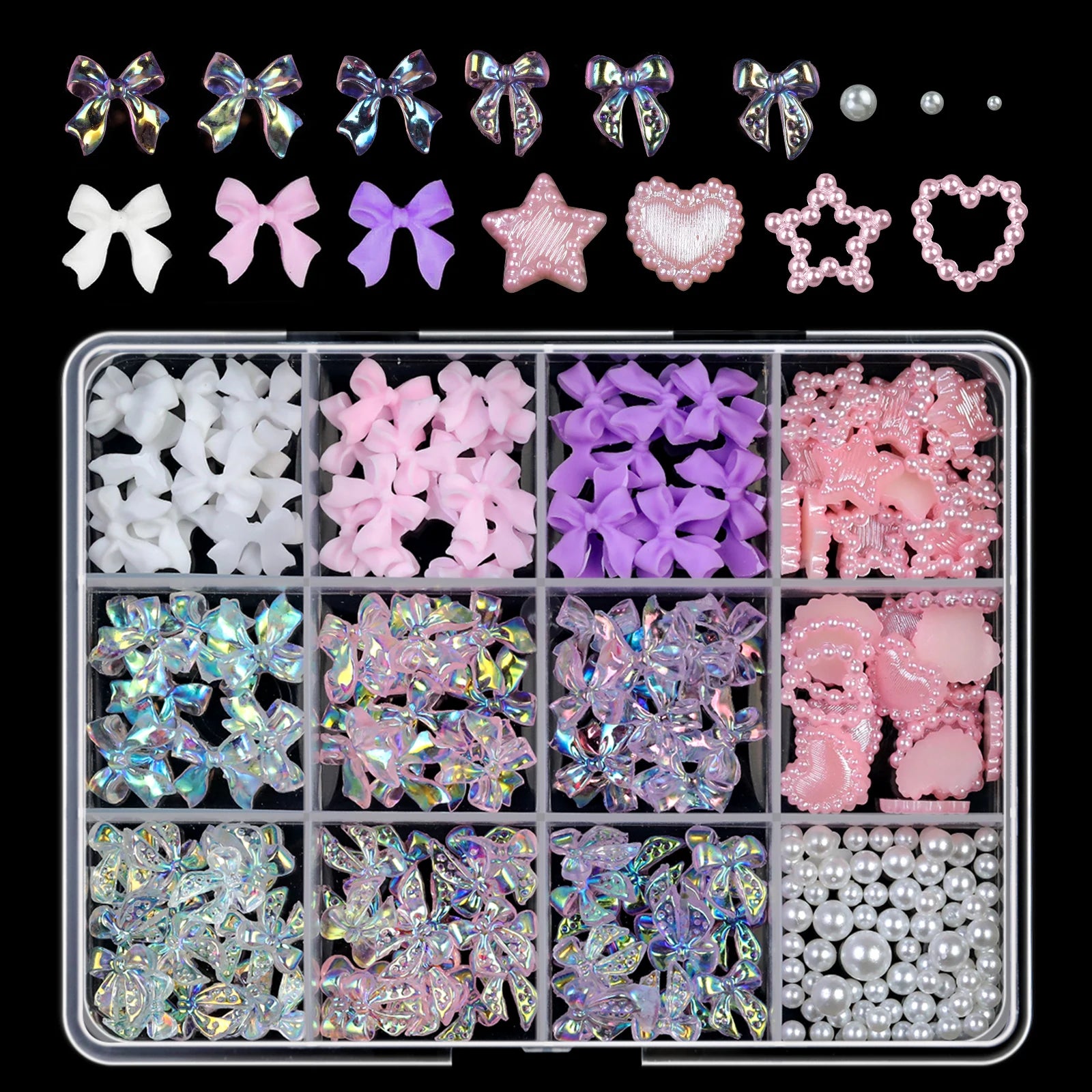 Resin Bow Nail Art Decorations - 12-Grid Mixed 3D Acrylic Charms Set