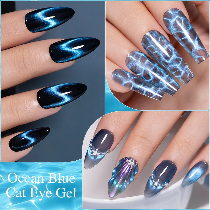 PUENTE 7.5ML Vibrant Blue Cat Eye Gel Nail Polish High Glossy Long-Lasting Soak Off UV Semi-Permanent Nail Art Varnish Manicure