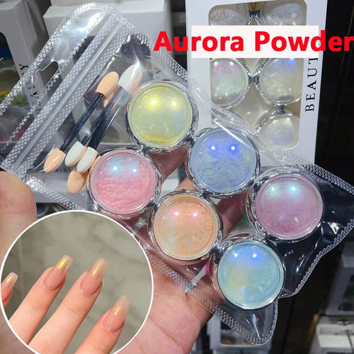6Pcs/set Shimmer Aurora Nail Powder Holo Metallic Mirror Effect Pigment Dust for Gel Polish Manicure Decoration Mermaid Powder &