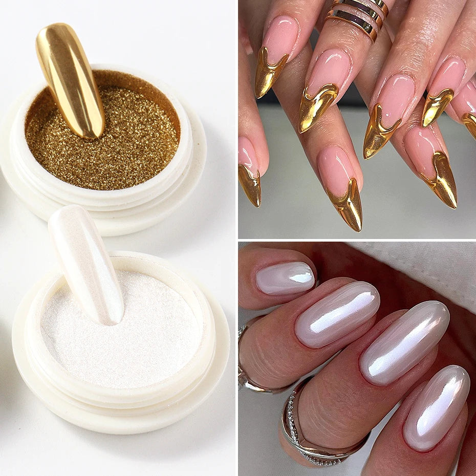 Chrome Mirror Nail Powder Set - 6-Piece Gold, Silver & Holographic Aurora Pigments