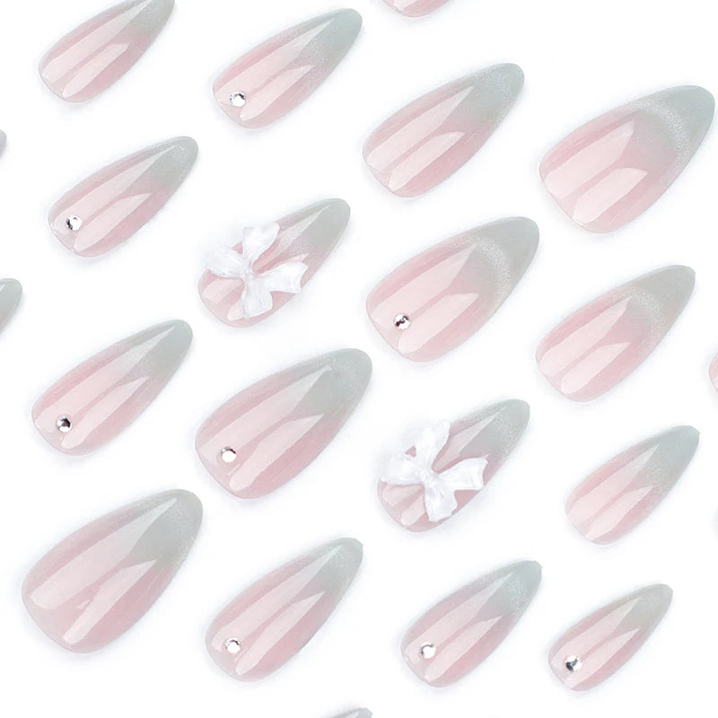 Cat-Eye French Press-On Nails – 24pcs with 3D Bow & Diamond Accents