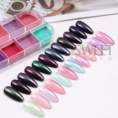 12-Grid Chrome Mirror Nail Powder - Mermaid Pearl Shimmer Pigment Set