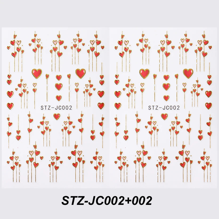 Valentine's Day Heart Nail Stickers - 3D Gold Stripe Love Decals (2pcs)
