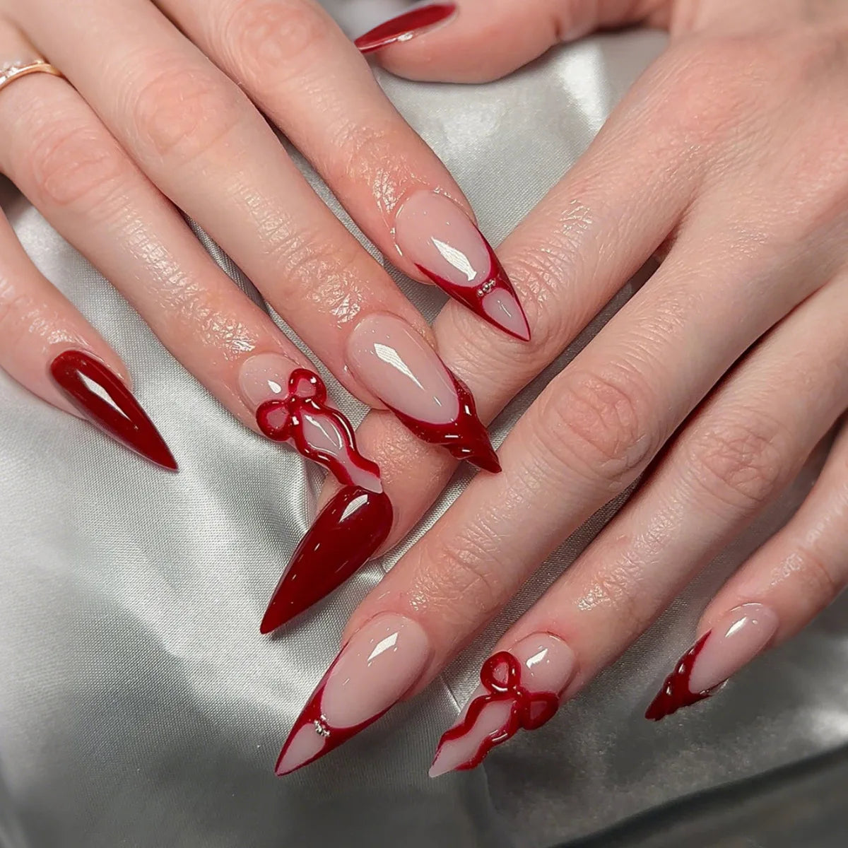 Cat-Eye French Press-On Nails – 24pcs with 3D Bow & Diamond Accents