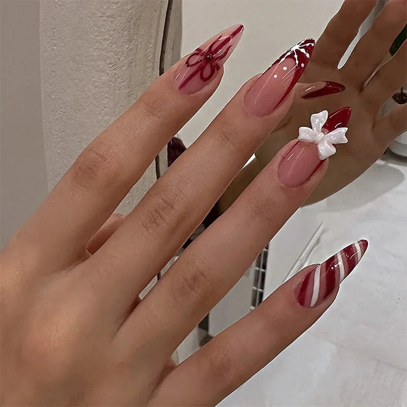 Cat-Eye French Press-On Nails – 24pcs with 3D Bow & Diamond Accents