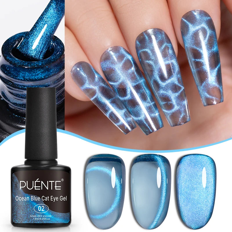 PUENTE 7.5ML Vibrant Blue Cat Eye Gel Nail Polish High Glossy Long-Lasting Soak Off UV Semi-Permanent Nail Art Varnish Manicure