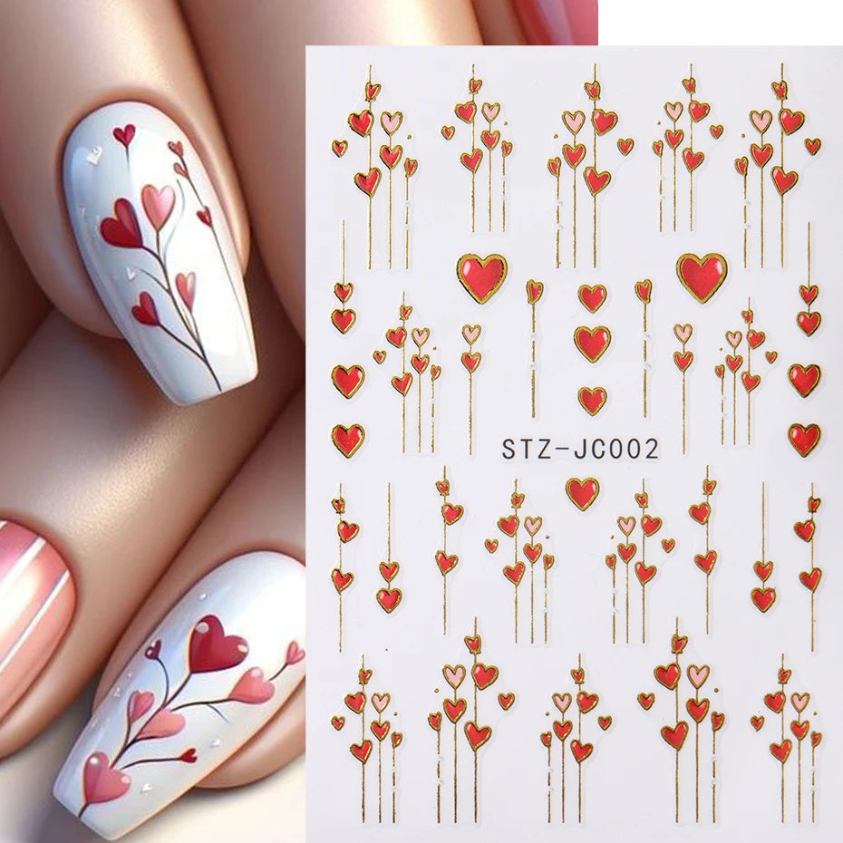 Valentine's Day Heart Nail Stickers - 3D Gold Stripe Love Decals (2pcs)