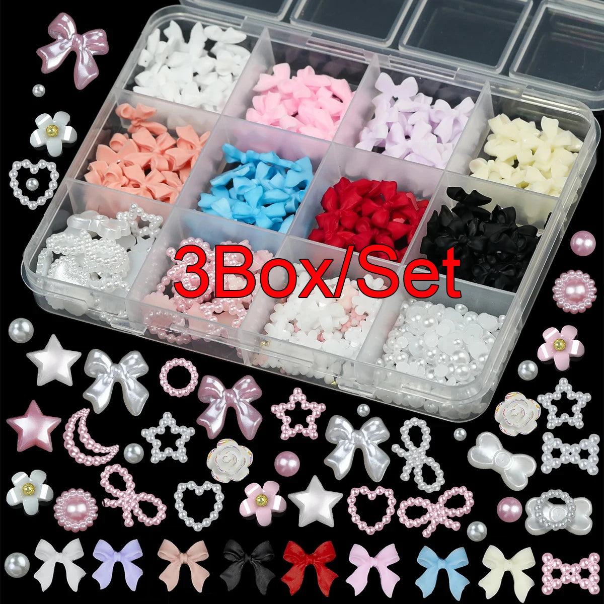 Resin Bow Nail Art Decorations - 12-Grid Mixed 3D Acrylic Charms Set