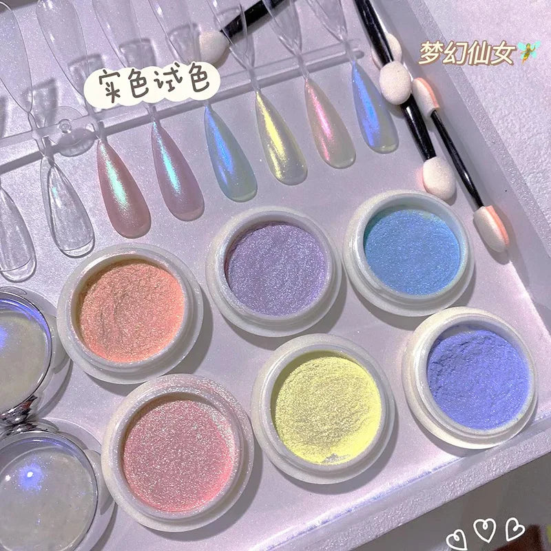6Pcs/set Shimmer Aurora Nail Powder Holo Metallic Mirror Effect Pigment Dust for Gel Polish Manicure Decoration Mermaid Powder &