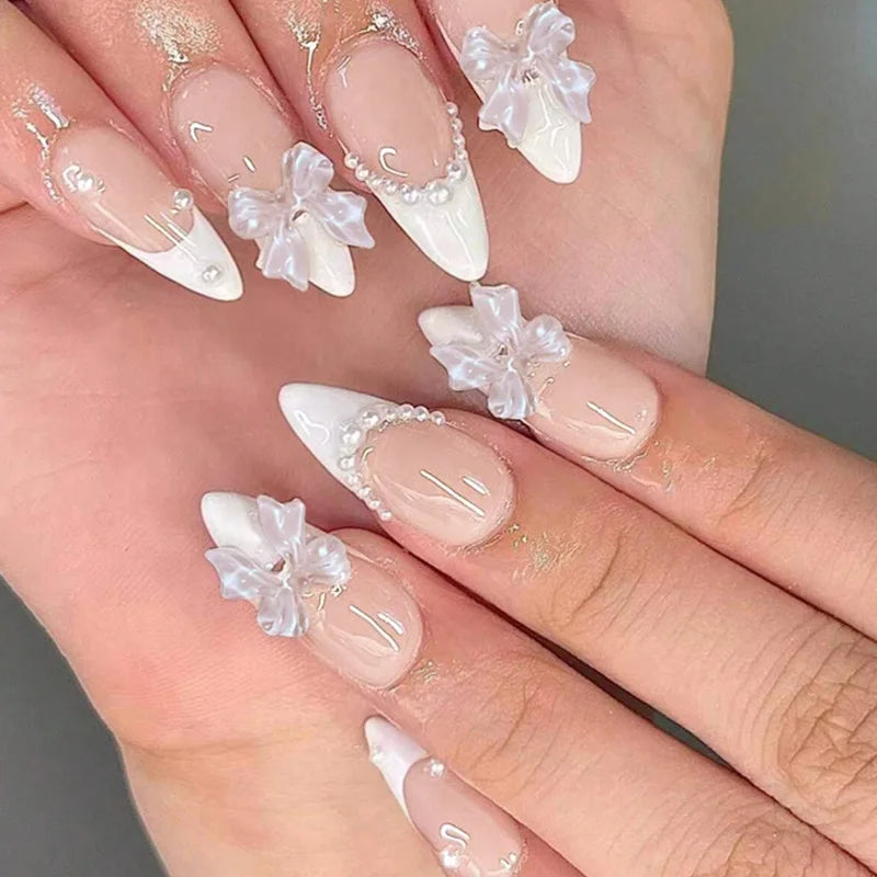 Cat-Eye French Press-On Nails – 24pcs with 3D Bow & Diamond Accents
