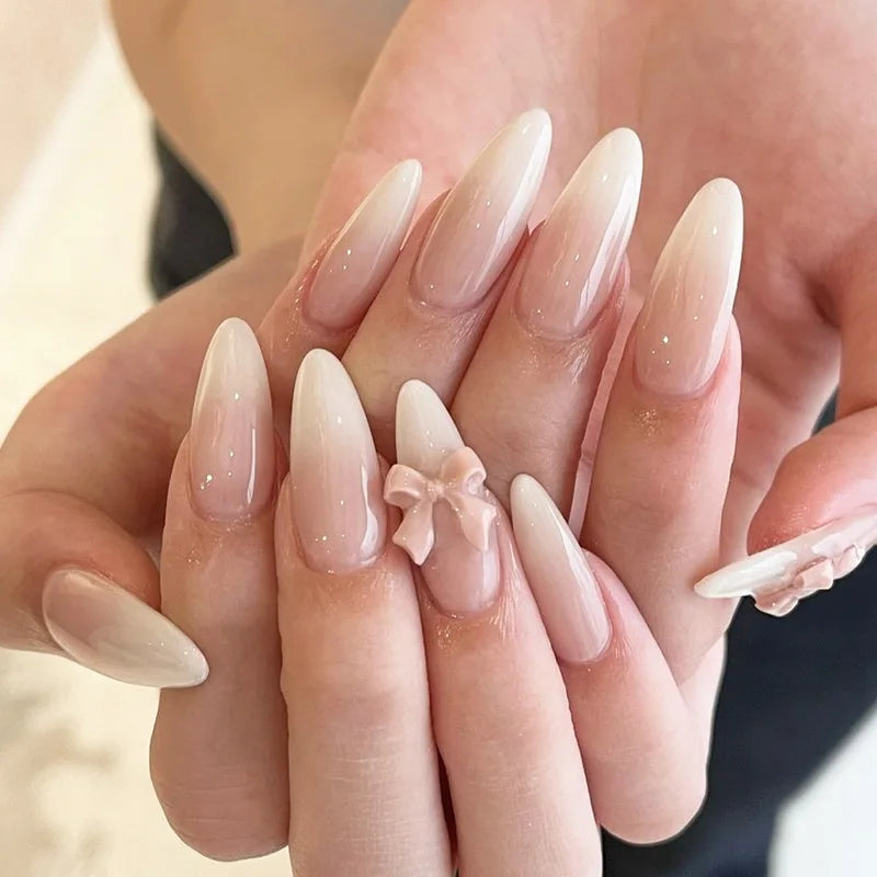 Cat-Eye French Press-On Nails – 24pcs with 3D Bow & Diamond Accents
