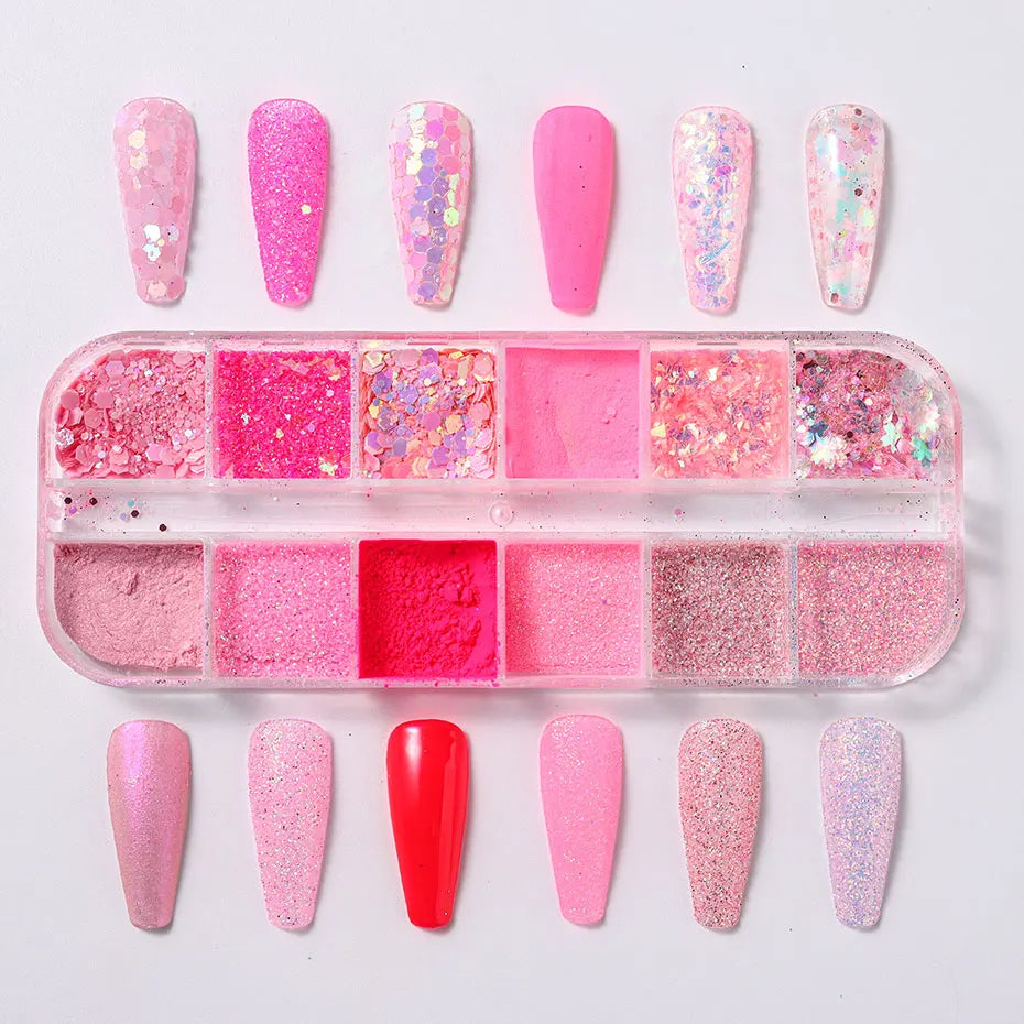 Pink Glitter Nail Powder Set - 12-Grid Holographic Hexagon & Irregular Flakes