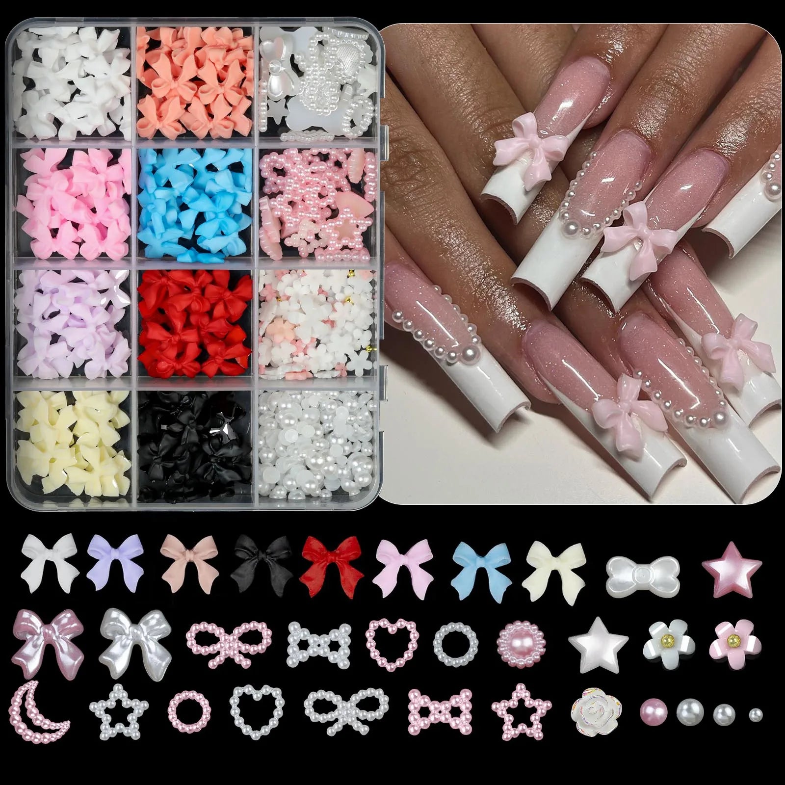 Resin Bow Nail Art Decorations - 12-Grid Mixed 3D Acrylic Charms Set