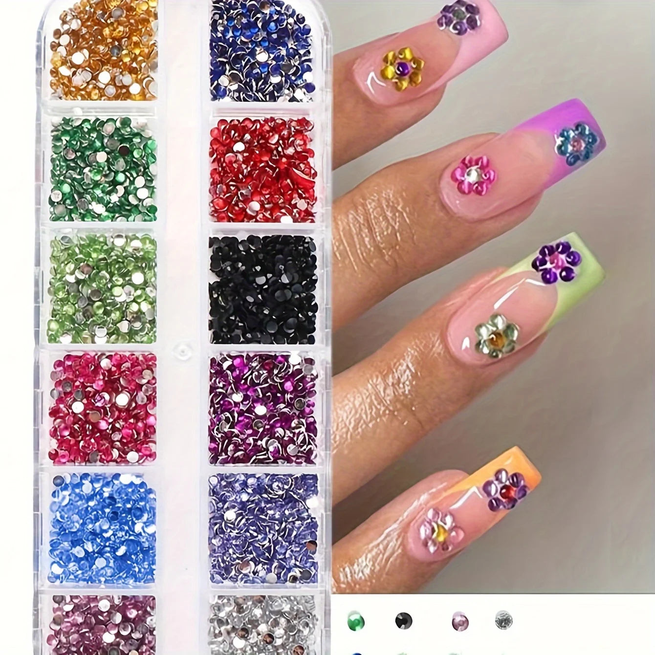 Crystal Rhinestone Nail Art Set - 12-Grid Flatback Gemstones for Nails & Accessories