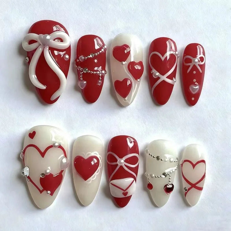 Cat-Eye French Press-On Nails – 24pcs with 3D Bow & Diamond Accents