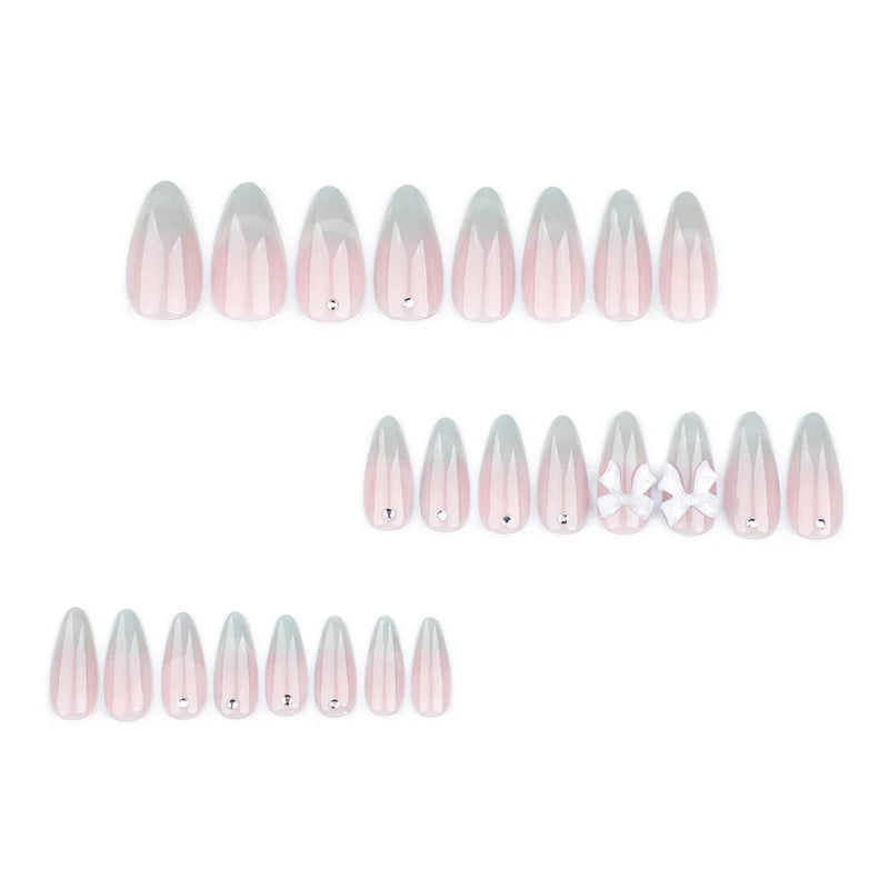 Cat-Eye French Press-On Nails – 24pcs with 3D Bow & Diamond Accents