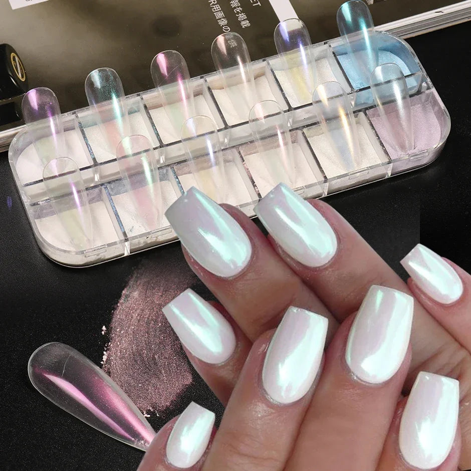 12-Grid Chrome Mirror Nail Powder - Mermaid Pearl Shimmer Pigment Set