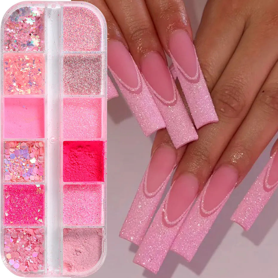 Pink Glitter Nail Powder Set - 12-Grid Holographic Hexagon & Irregular Flakes