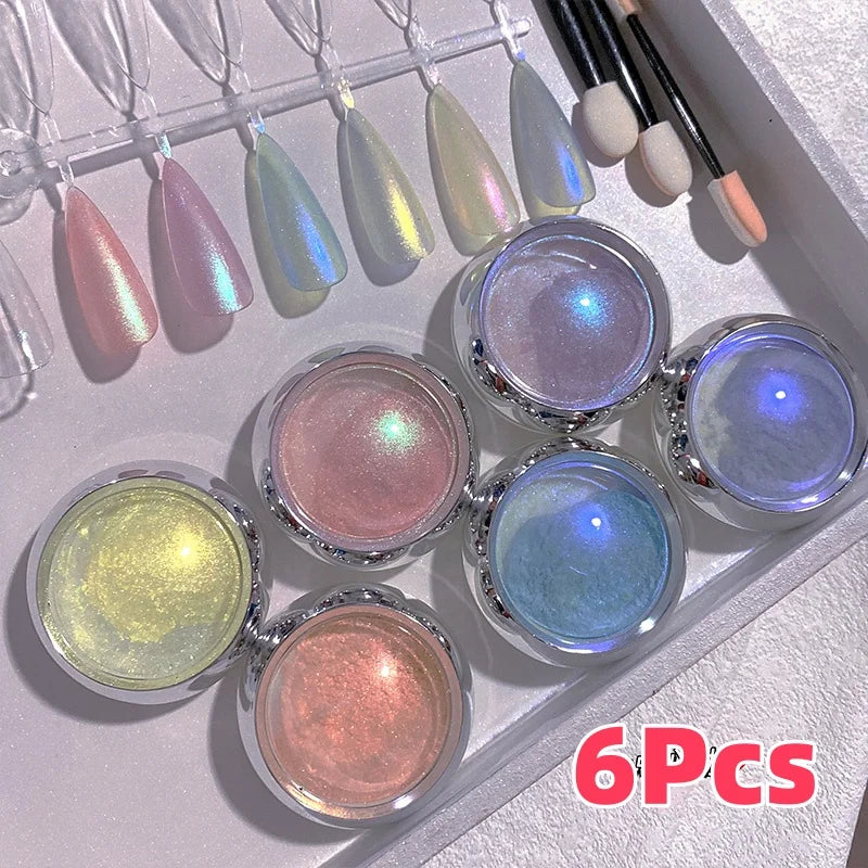 6Pcs/set Shimmer Aurora Nail Powder Holo Metallic Mirror Effect Pigment Dust for Gel Polish Manicure Decoration Mermaid Powder &