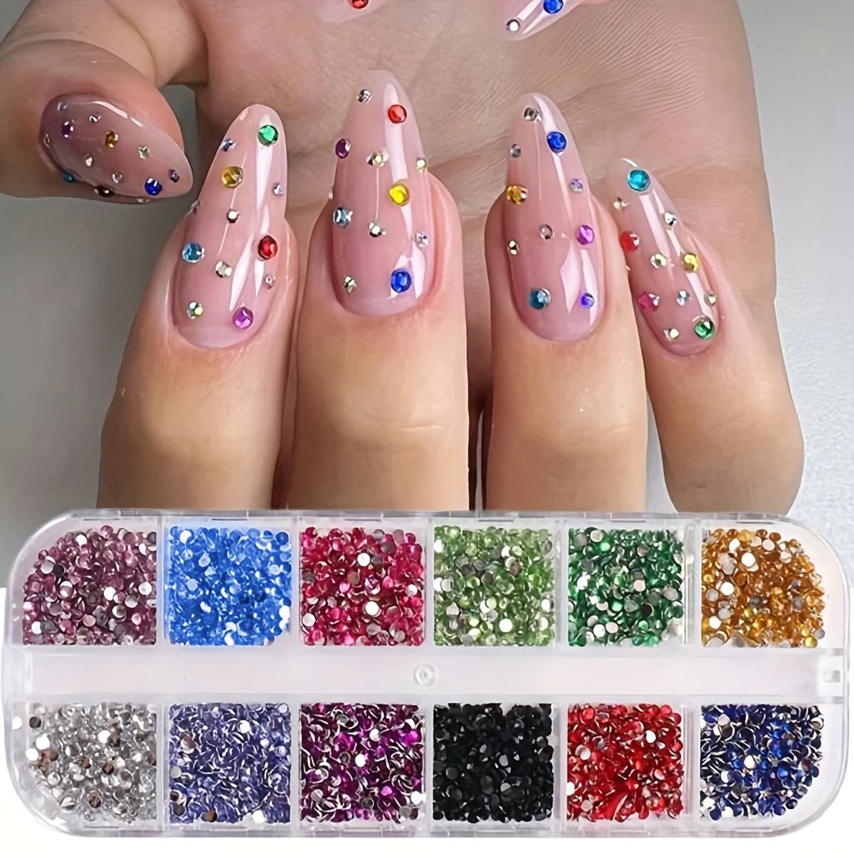 Crystal Rhinestone Nail Art Set - 12-Grid Flatback Gemstones for Nails & Accessories