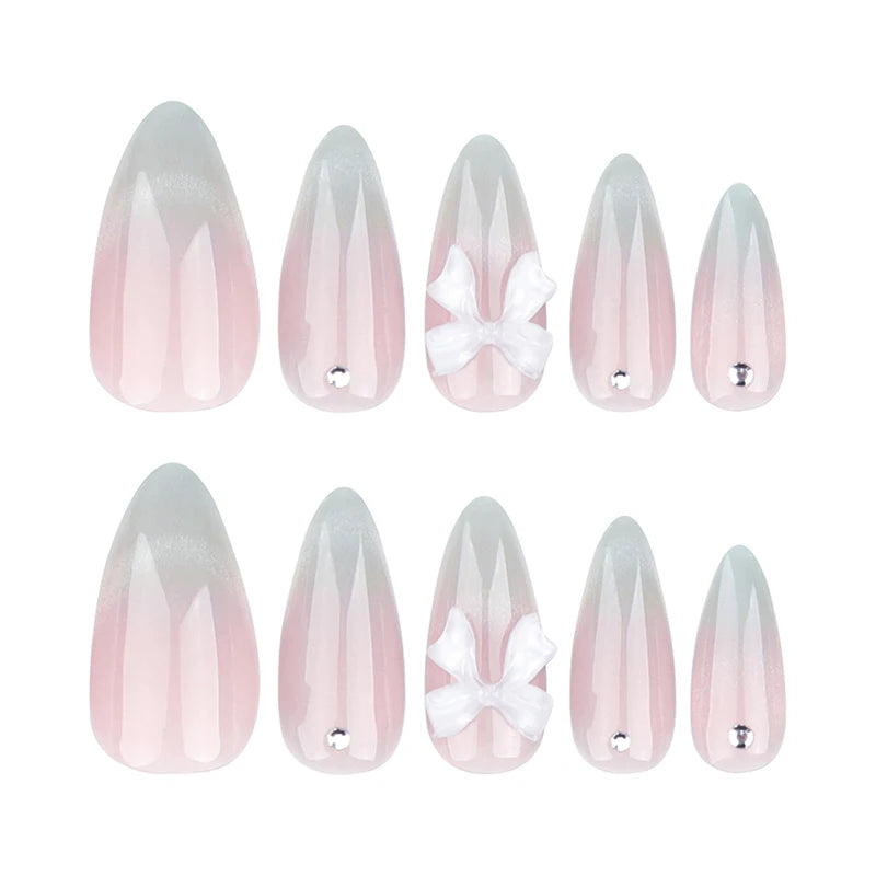 Cat-Eye French Press-On Nails – 24pcs with 3D Bow & Diamond Accents