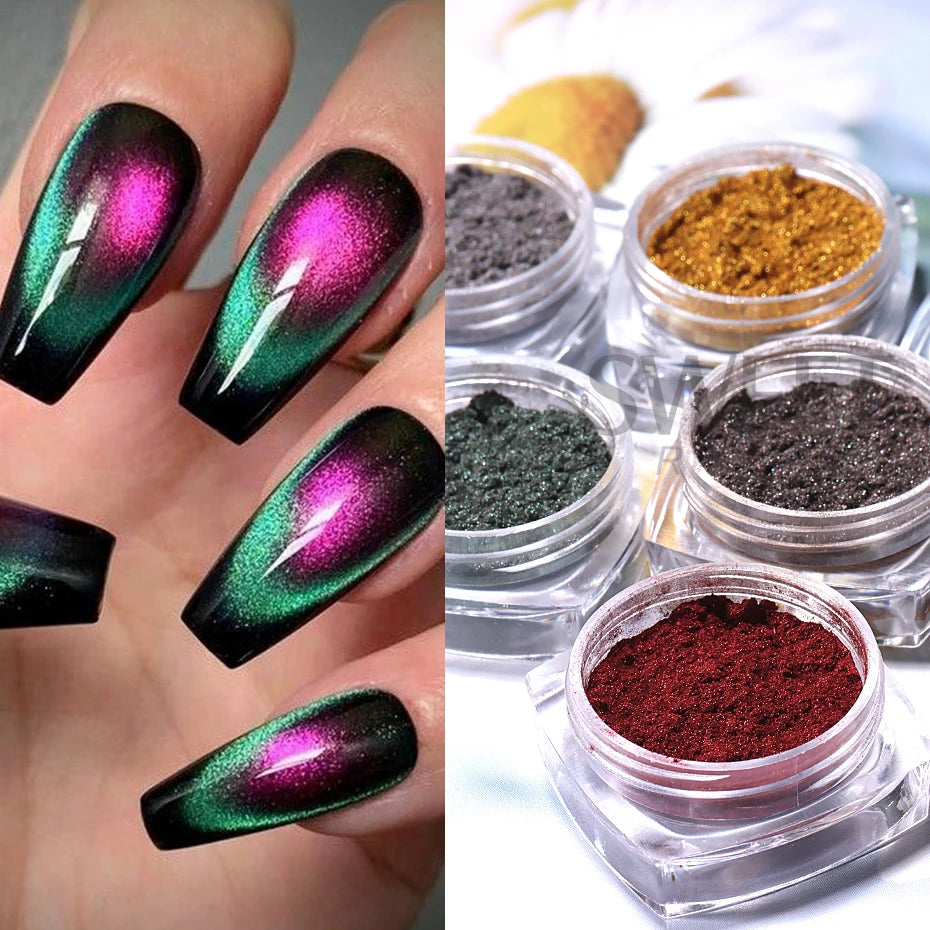 Cat Eye Chrome Magnetic Nail Powder Set - 6 Pearl Fairy Pigments with Reflective Effect