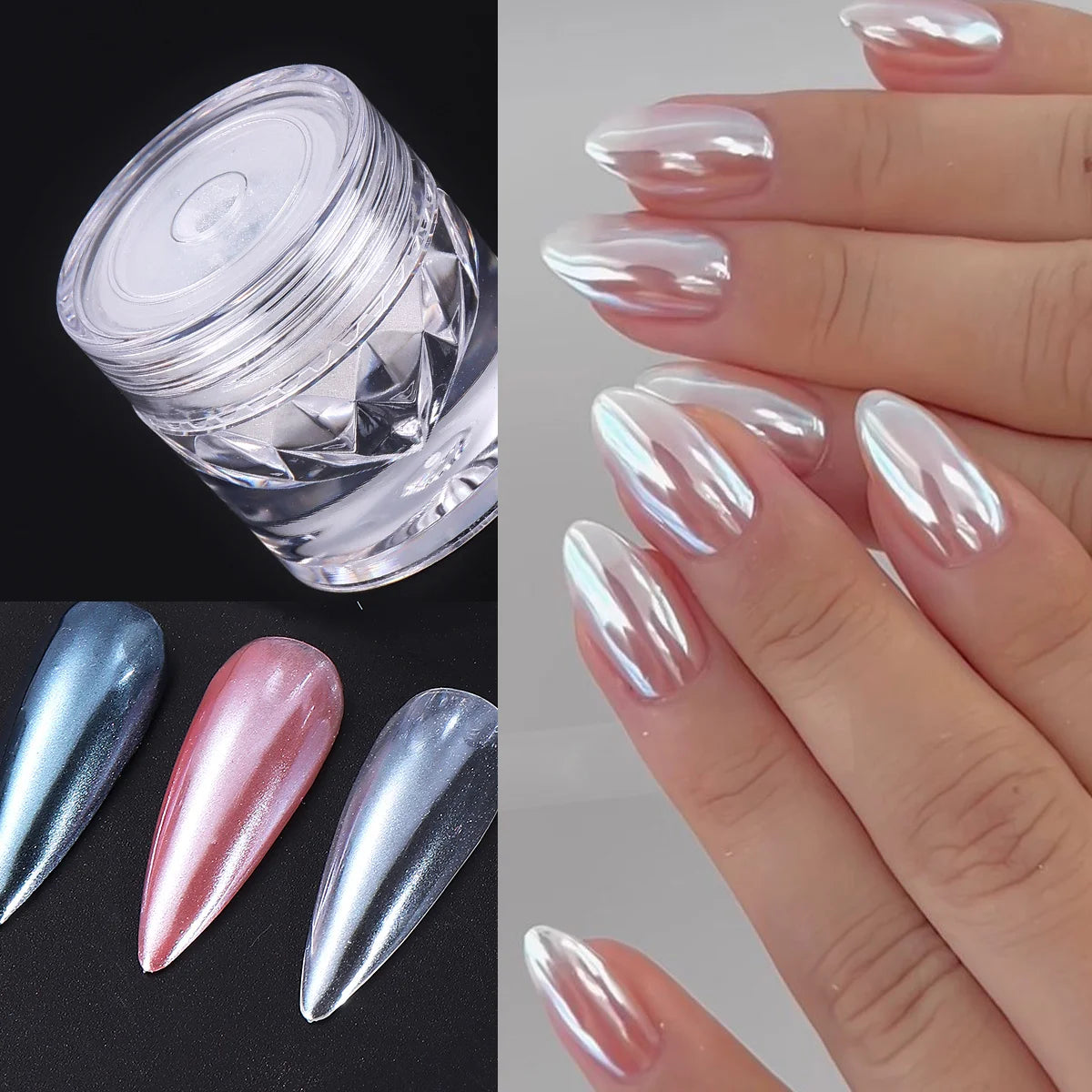 Aurora Pearl Chrome Nail Powder - White Moonlight Mirror Finish