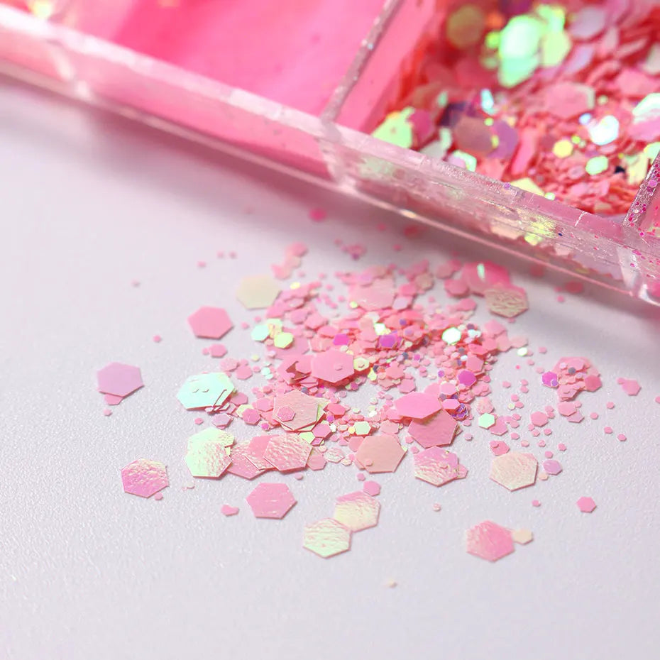 Pink Glitter Nail Powder Set - 12-Grid Holographic Hexagon & Irregular Flakes