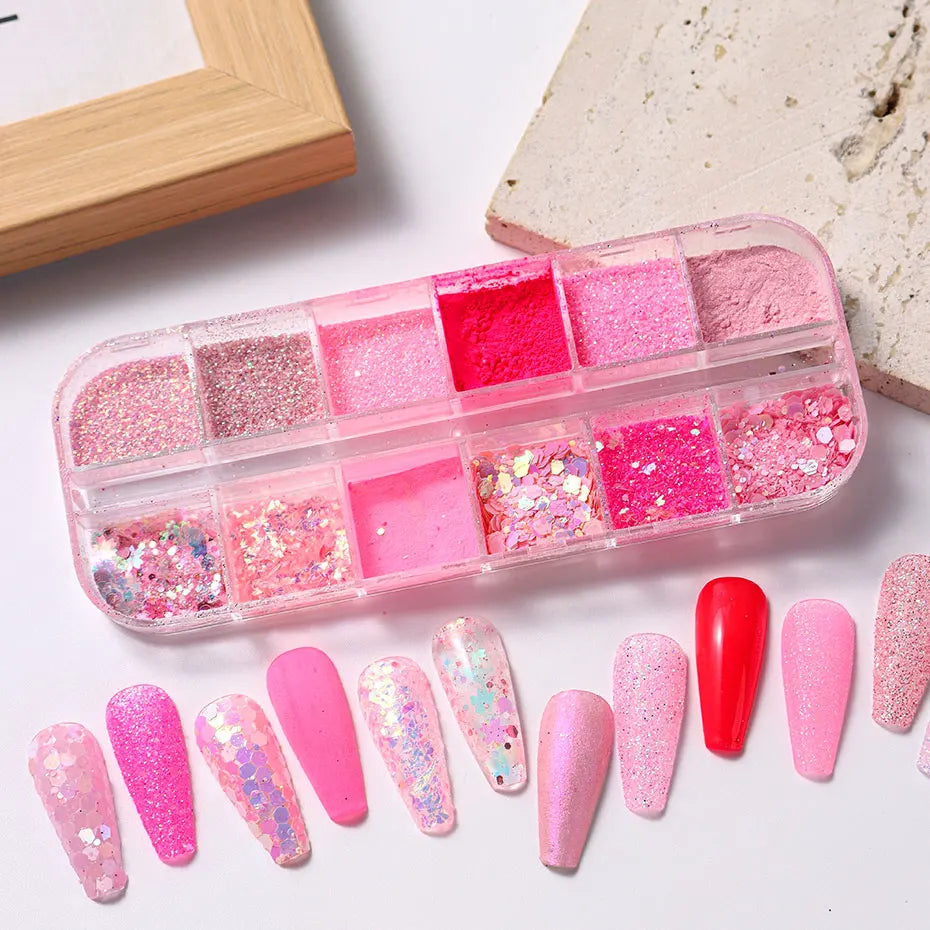 Pink Glitter Nail Powder Set - 12-Grid Holographic Hexagon & Irregular Flakes