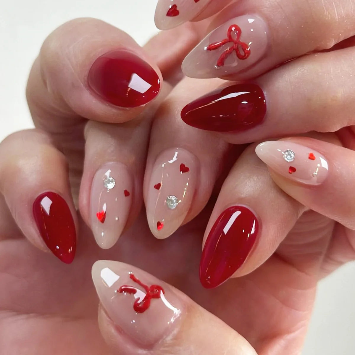 Cat-Eye French Press-On Nails – 24pcs with 3D Bow & Diamond Accents