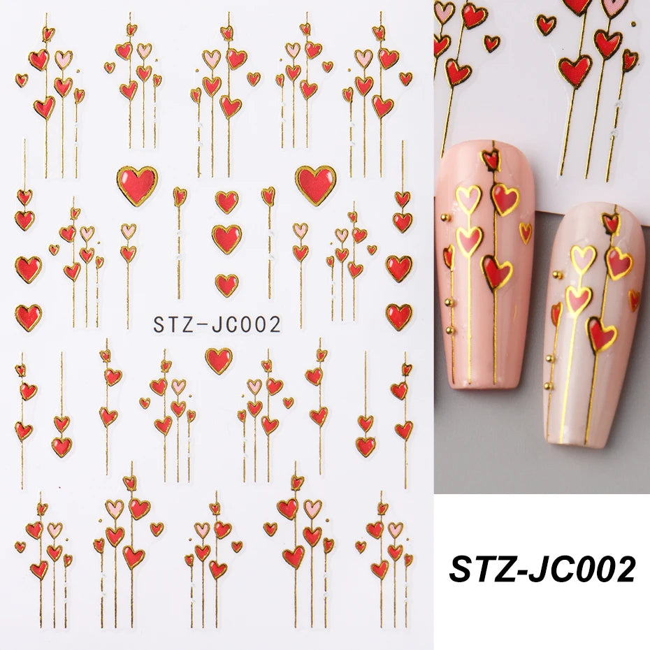 Valentine's Day Heart Nail Stickers - 3D Gold Stripe Love Decals (2pcs)