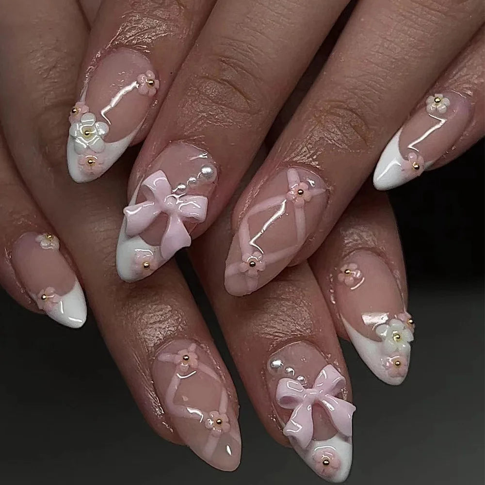 Cat-Eye French Press-On Nails – 24pcs with 3D Bow & Diamond Accents