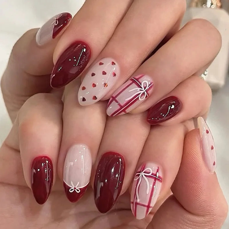 Cat-Eye French Press-On Nails – 24pcs with 3D Bow & Diamond Accents